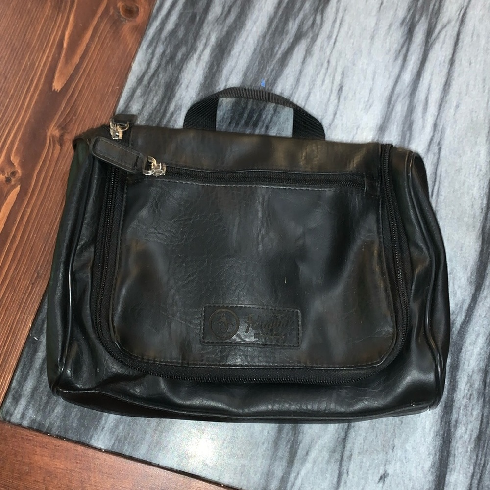 EUC Penguin black faux leather toiletry bag